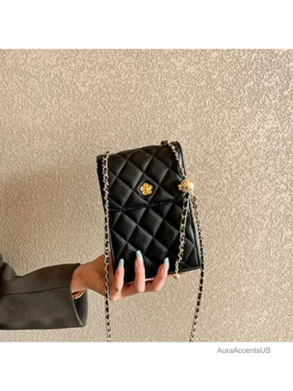 Genuine Leather Quilted Square Flap Satchel Crossbody Bag Gold Chain Strap